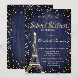 Invitación Torre Eiffel de oro diamantes azul marino Sweet 16