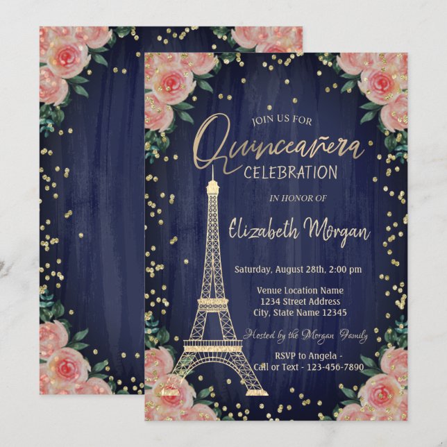 Invitación Torre Eiffel de oro diamantes flores Quinceañera (Anverso / Reverso)