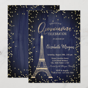 Invitación Torre Eiffel de oro diamantes Quinceañera azul mar
