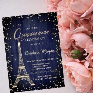 Invitación Torre Eiffel de oro diamantes Quinceañera azul mar