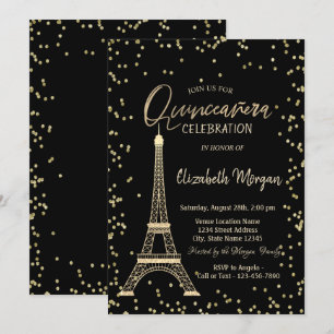 Invitación Torre Eiffel de oro diamantes Quinceañera negra