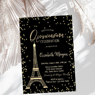 Invitación Torre Eiffel de oro diamantes Quinceañera negra