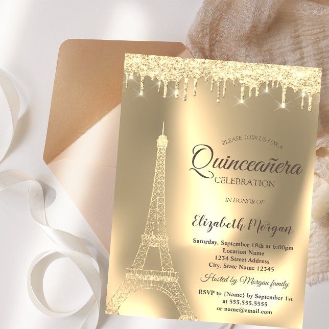 Invitación Torre Eiffel de Oro, Perforaciones de Moda Quincea (Subido por el creador)