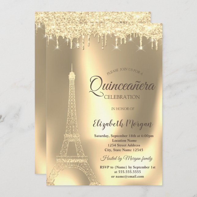 Invitación Torre Eiffel de Oro, Perforaciones de Moda Quincea (Anverso / Reverso)