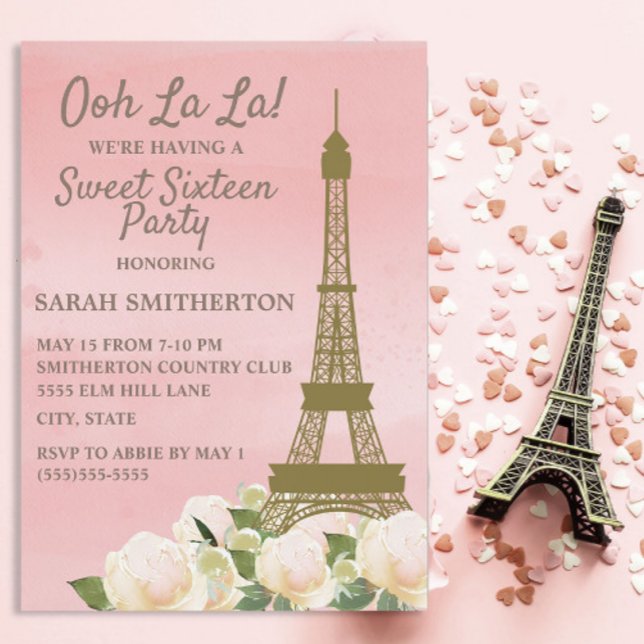 Invitación Torre Eiffel de oro rosa, floral blanco Sweet 16 (Ooh la la Parisian Sweet 16 birthday party invitation)