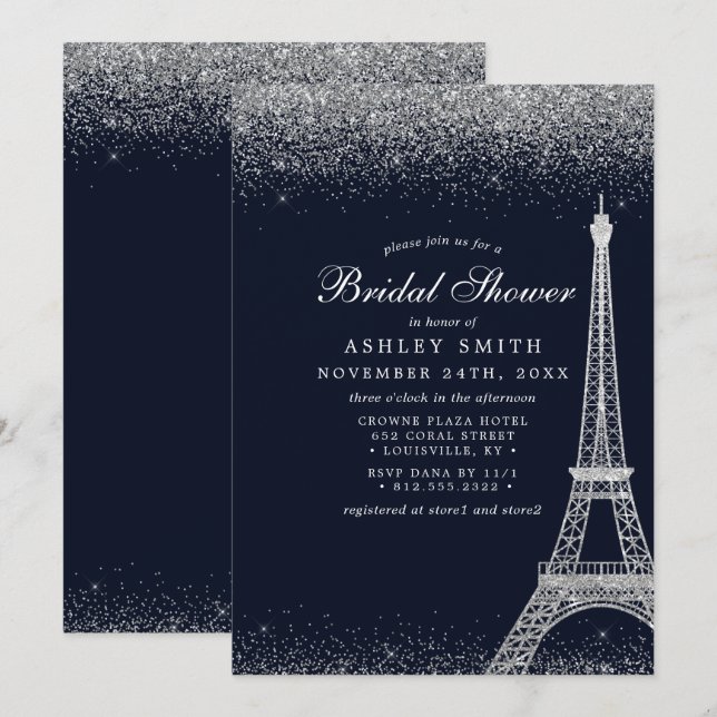 Invitación Torre Eiffel de París Bridal Shower Destello de Pl (Anverso / Reverso)