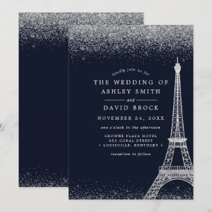 Invitación Torre Eiffel de París Confeti Plateado Boda Azul M