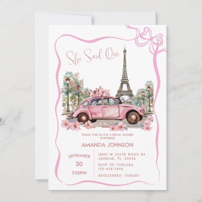 Invitación Torre Eiffel de París - Coquette - Bridal Shower (Anverso)