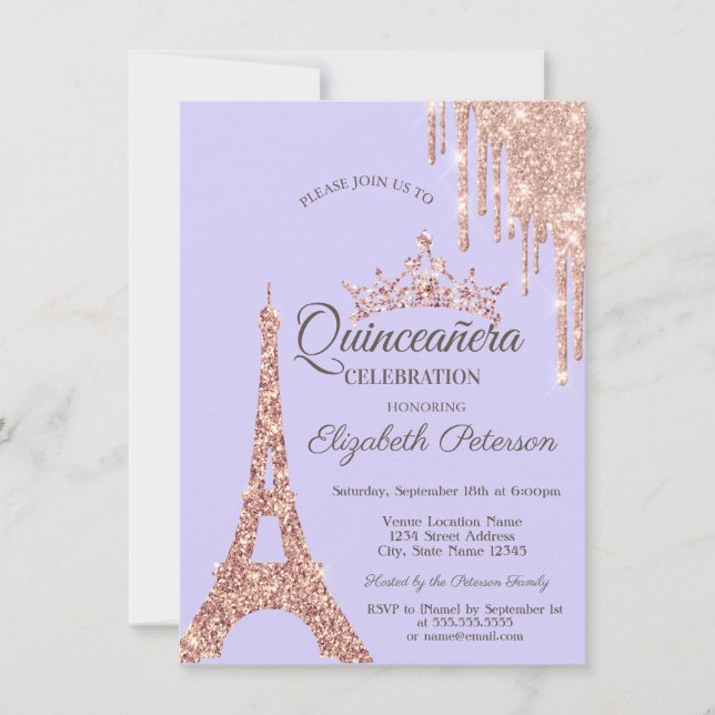 Invitación Torre Eiffel de París, Drip Lavander Quinceañera (Anverso)