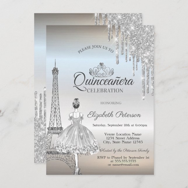 Invitación Torre Eiffel de París, Dris, Ballerina Quinceañera (Anverso / Reverso)