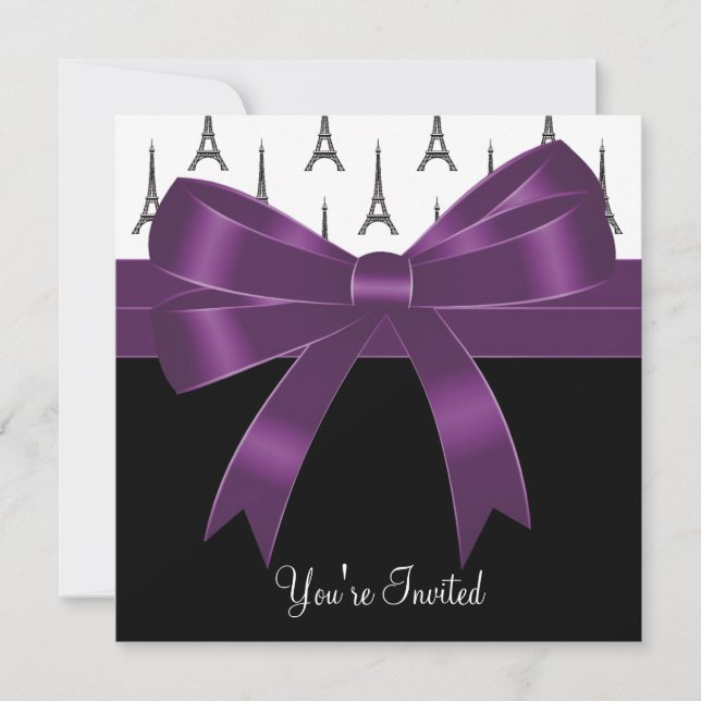 Invitación Torre Eiffel de París Fiesta Morado Ciruela (Anverso)