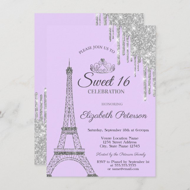 Invitación Torre Eiffel de París, gotas, dulce morado claro 1 (Anverso / Reverso)