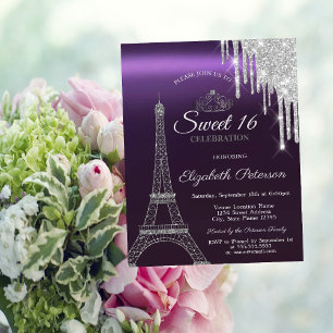 Invitación Torre Eiffel de París, gotas, metálico púrpura Dul