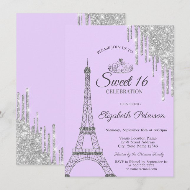 Invitación Torre Eiffel de París, Gotea, Lila Dulces 16 (Anverso / Reverso)
