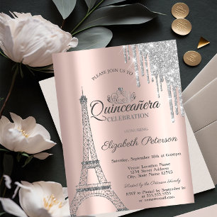 Invitación Torre Eiffel de París, Gotea Rosa Dorado Quinceañe