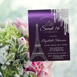 Invitación Torre Eiffel de París, goteo, dulce metálico púrpu
