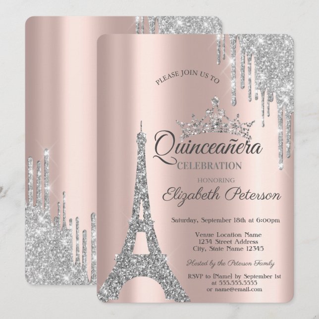 Invitación Torre Eiffel de París plateada, Quinceañera de got (Anverso / Reverso)