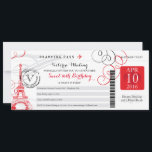 Invitación Torre Eiffel de París Rojo | Cumpleaños de Dulces<br><div class="desc">Un Vintage Paris France Boarding Pass para un DÍA DULCE DULCE. Diseño floreciente con Torre Eiffel. Los colores son blanco, rojo brillante y negro. Si el esquema de color no es lo que querías, por favor avísenme y lo recrear para ti. paula@labellarue.com Asegúrese de que pruebes tu diseño antes de...</div>
