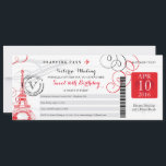 Invitación Torre Eiffel de París Rojo | Cumpleaños de Dulces<br><div class="desc">Un Vintage Paris France Boarding Pass para un DÍA DULCE DULCE. Diseño floreciente con Torre Eiffel. Los colores son blanco, rojo brillante y negro. Si el esquema de color no es lo que querías, por favor avísenme y lo recrear para ti. paula@labellarue.com Asegúrese de que pruebes tu diseño antes de...</div>