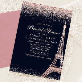 Invitación Torre Eiffel de París Rosa Dorado Brillo Despedida