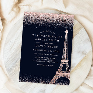 Invitación Torre Eiffel de París Rosa Dorado Confeti Boda Azu
