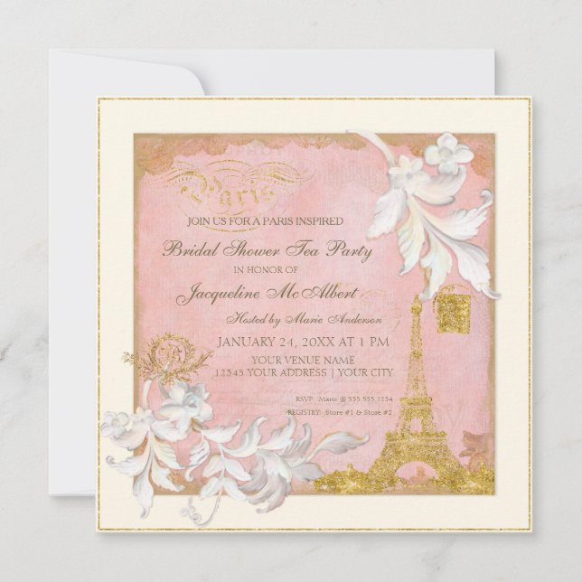 Invitación Torre Eiffel de París Rosa y Té de novia elegante  (Anverso)