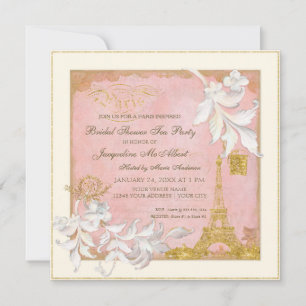 Invitación Torre Eiffel de París Rosa y Té de novia elegante 