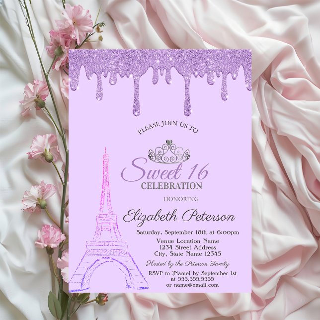 Invitación Torre Eiffel de París, Violet Drips Sweet 16   (Subido por el creador)