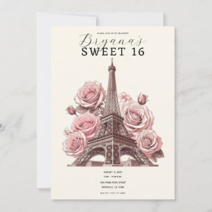 Invitación Torre Eiffel de París y rosas rosadas dulces 16