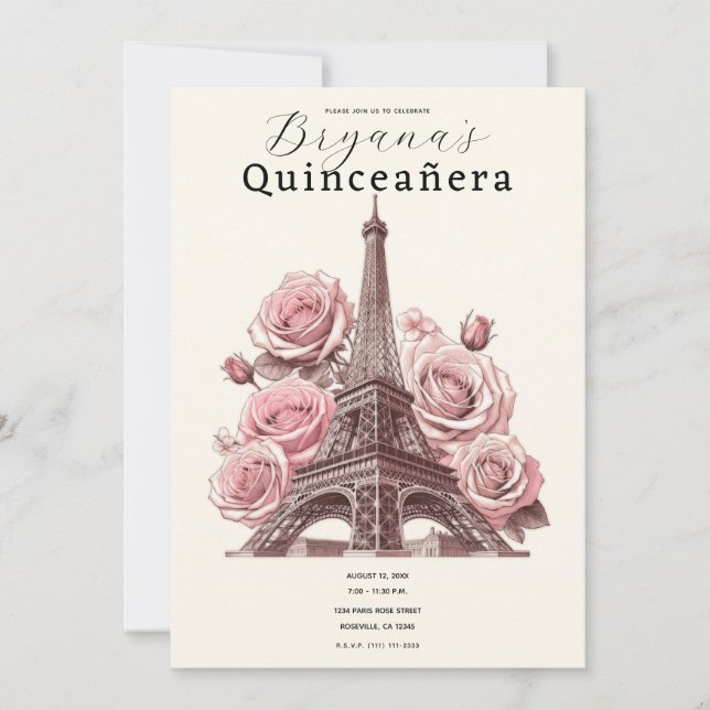 Invitación Torre Eiffel de París y rosas rosadas Quinceañera (Anverso)