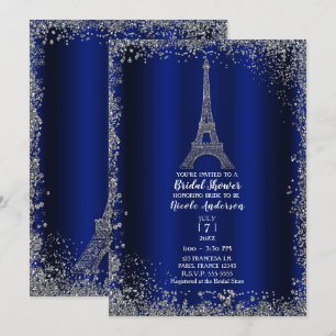Invitación Torre Eiffel de Plata Azul Real Chic Bridal Shower