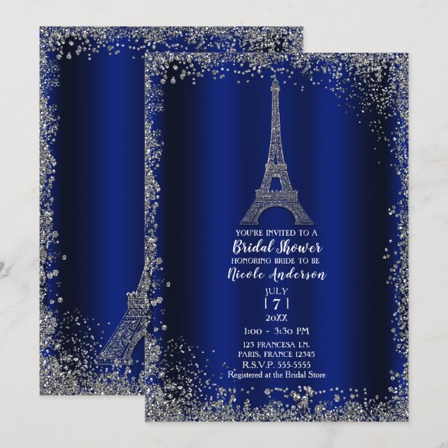Invitación Torre Eiffel de Plata Azul Real Encantador Baby Sh (Anverso / Reverso)