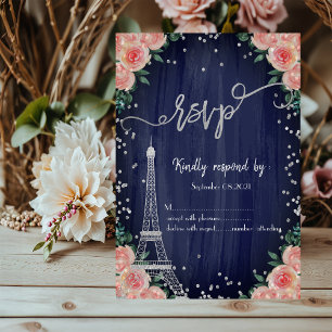 Invitación Torre Eiffel de plata con diamantes floral azul ma