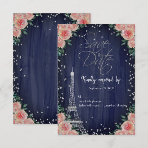 Invitación Torre Eiffel de plata Diamantes Floral RSVP