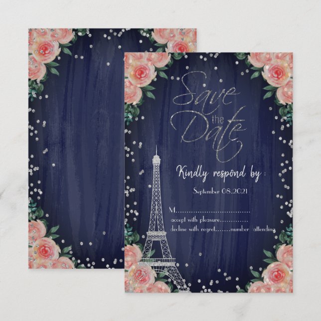 Invitación Torre Eiffel de plata Diamantes Floral RSVP  (Anverso / Reverso)