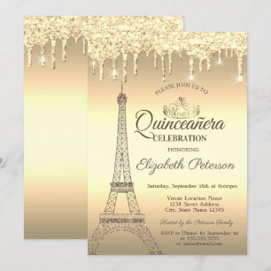 Invitación Torre Eiffel de purpurina dorada, Diadema, Gotas Q