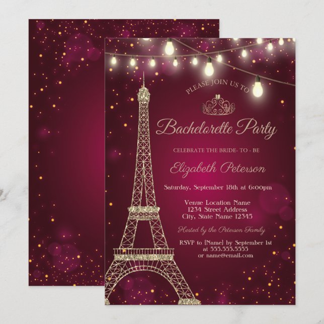 Invitación Torre Eiffel de purpurina dorada, fiesta de solter (Anverso / Reverso)
