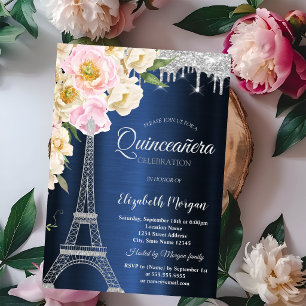 Invitación Torre Eiffel de purpurina plateada, gotas de quinc