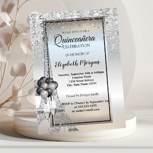 Invitación Torre Eiffel de purpurina plateada, Quinceañera de
