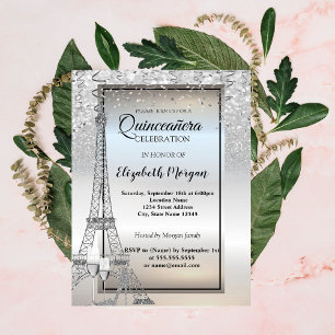 Invitación Torre Eiffel de Purpurina Plateada, Quinceañera de