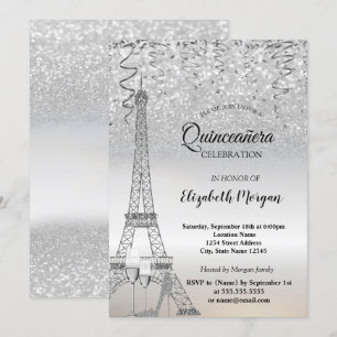 Invitación Torre Eiffel de purpurina plateada, tacón, Quincea