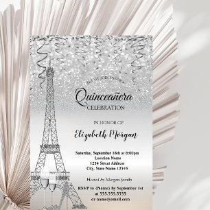 Invitación Torre Eiffel de purpurina plateada, tacón, Quincea