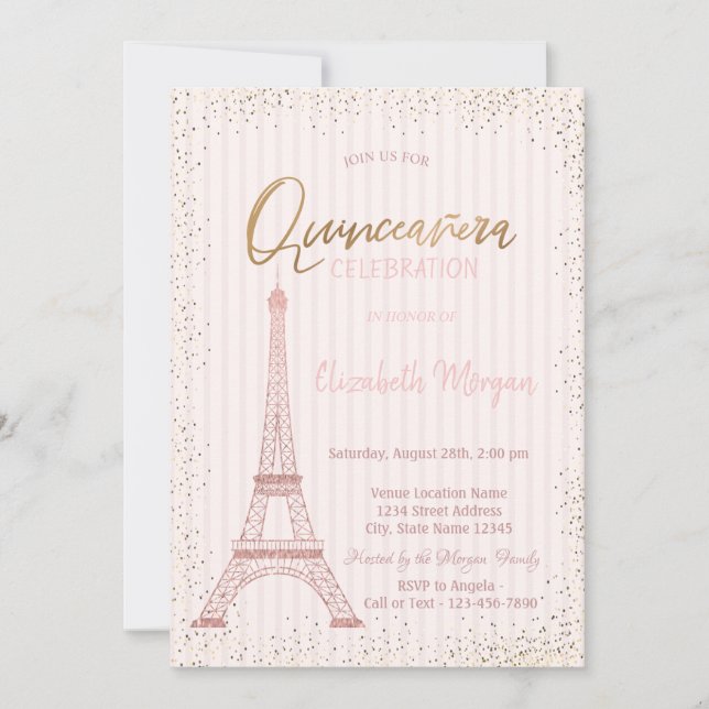Invitación Torre Eiffel de Rosa Dorado Confeti Raya Quinceañe (Anverso)
