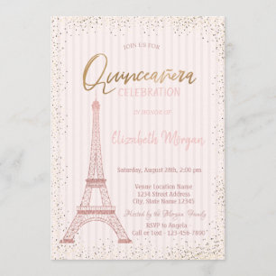 Invitación Torre Eiffel de Rosa Dorado Confeti Raya Quinceañe