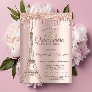Invitación Torre Eiffel, Diadema, Goteos Rosa Dorado Invitaci