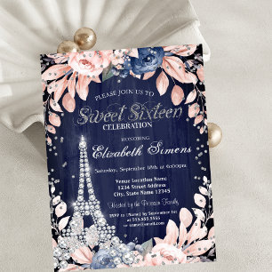 Invitación Torre Eiffel Diamantes Rosas Azules Navy Dulces 16