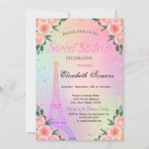 Invitación Torre Eiffel Diamantes Rosas Holográficas Sweet 16