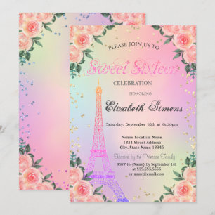 Invitación Torre Eiffel Diamantes Rosas Holográficas Sweet 16
