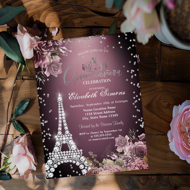 Invitación Torre Eiffel Diamantes Rosas Oscuras Burdeos (Subido por el creador)