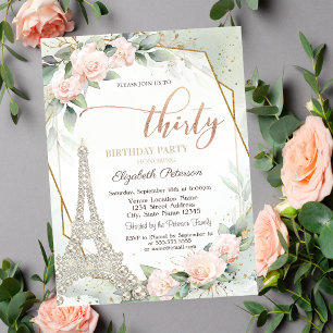 Invitación Torre Eiffel Diamantes Rosas Rosadas Cumpleaños 30